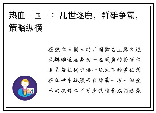 热血三国三：乱世逐鹿，群雄争霸，策略纵横