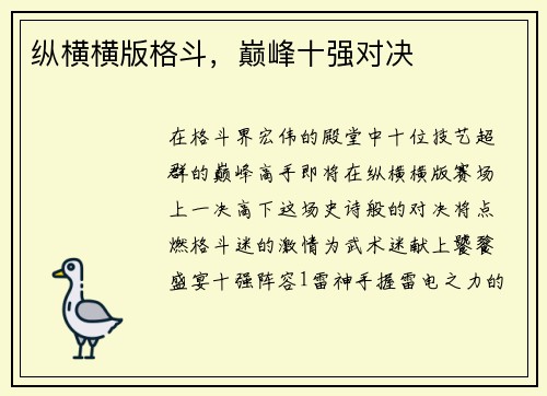 纵横横版格斗，巅峰十强对决