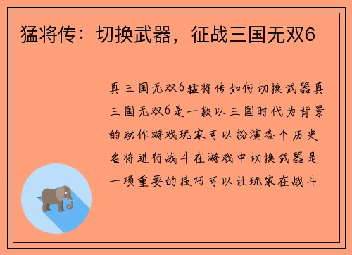 猛将传：切换武器，征战三国无双6