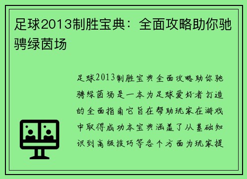 足球2013制胜宝典：全面攻略助你驰骋绿茵场