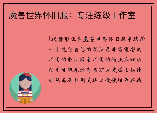 魔兽世界怀旧服：专注练级工作室